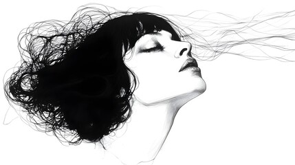 Naklejka premium Captivating Monochrome Portrait of a Woman with Flowing Hair in Motion
