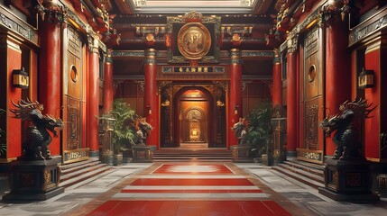 Obraz premium Majestic Imperial Palace with Ceremonial Dragon Guardians in Ornate Red and Gold Architecture