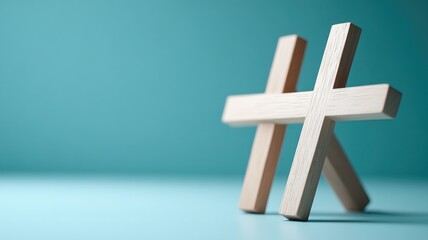 Obraz premium Two wooden hashtag symbols on blue background