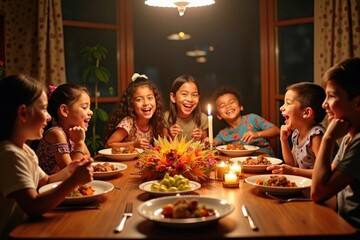 Fototapeta premium Asian children gather around a Thanksgiving table filled with food, illuminated by bright, cheerful lighting. The room is decorated with autumn colors and fun crafts made by the kids