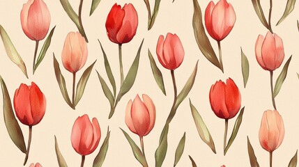 Obraz premium Watercolor tulips seamless pattern, pastel background