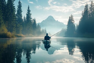 Fishing kayaker surrounded by still waters and serene nature