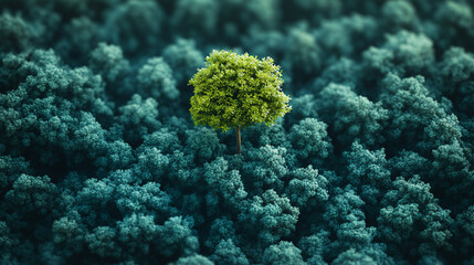 Aerial top view of green trees in a dense forest with sunlight filtering through representing carbon neutrality net zero emissions sustainability and the balance of nature emphasizing environmental ha
