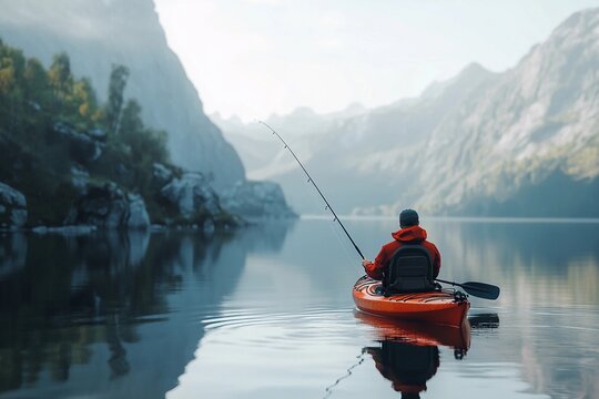 Solo kayaker fishing in the middle of a tranquil lake