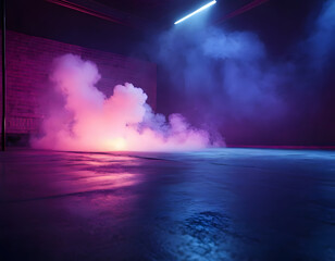 The dark stage is an empty dark blue, purple, and pink mixed background of neon lights. the studio...