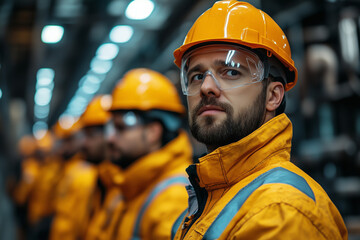 A group of factory employees receiving safety instructions, bright lighting, contrast
