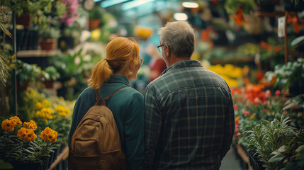 Fototapeta premium couple walking in the city. A happy couple selecting houseplants in a greenhouse filled with vibrant greenery and colorful flowers