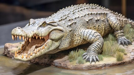 Obraz premium Fearsome Paper Crocodile Posed Near a Miniature River Model