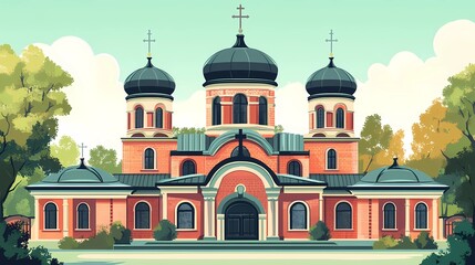 Obraz premium Orthodox church nestled in a tranquil setting, showcasing classic architectural beauty, creating a serene background, artistic illustration feel