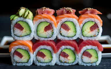 Elegant Sushi Rolls with Vibrant Garnishes
