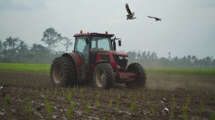 Fototapeta premium Tractor Plowing a Paddy Field Under Overcast Sky