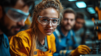 Fototapeta premium A team of diverse workers in colorful overalls discussing production improvements, bright lighting, contrast