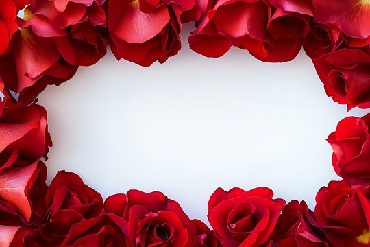Close-up of a vibrant red rose frame, the petals lush and full, creating a lively border on a pristine white background. - Powered by Adobe