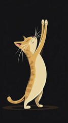 Naklejka premium Ginger cat standing on two legs raising paws on black background