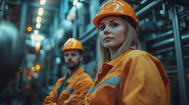 Two workers in protective overalls adjusting production equipment, teamwork scene, bright lighting, contrast