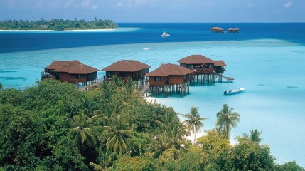 Fototapeta premium A high-angle shot captures traditional wooden bungalows hidden among dense coconut palms, with sparkling turquoise waters surrounding the island