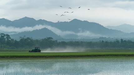 Tractors Plowing Paddy Fields Under Overcast Skies