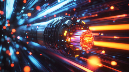 Close-up of glowing optical fiber cable radiating vibrant blue and white light against a sleek black background symbolizing data connectivity speed communication technology innovation and limitless po