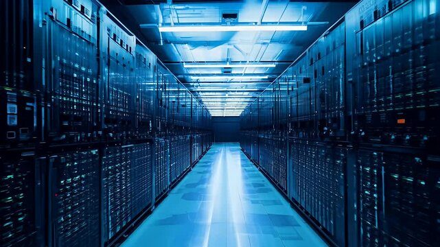 lighting hallway servers rows blue center long data network server datum technology computer indoor information technology support global communication part service domestic room equipment security