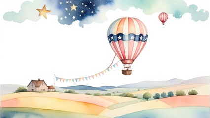 Obraz premium Dreamy watercolor painting of a hot air balloon in soft pastel colors above a scenic landscape