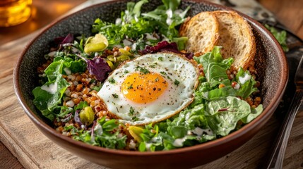 A colorful breakfast bowl featuring a fried egg on top of mixed greens and grains, drizzled with a light vinaigrette for a healthy and delicious start to the day.