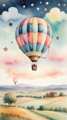 Fototapeta premium Serene countryside scene featuring a vintage hot air balloon painted in a whimsical style