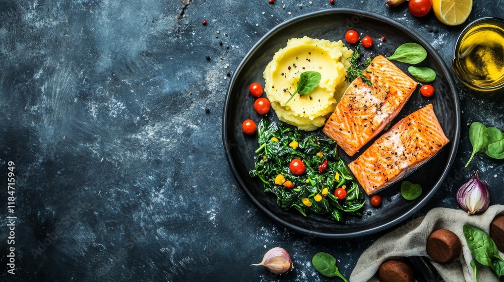 Poster a colorful display of grilled salmon served with a side of garlic mashed potatoes and sauted spinach