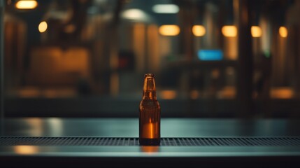A single glass bottle fills with golden beer on a brewery conveyor, showcasing the brewing process as machinery operates in the background