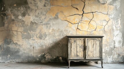 A lone, weathered cabinet stands in a room where time seems frozen, with cracks spreading across the walls and dim hues.
