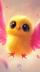 Fototapeta premium Cute yellow chick flying with pink wings and big eyes