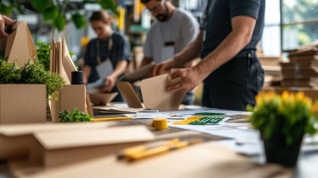 Coworkers preparing eco friendly packaging with cardboard boxes and plants, focusing on sustainability and environmental consciousness in modern manufacturing process