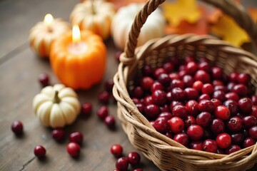 A close-up of Thanksgiving decorations featuring a woven basket filled with cranberries and a few candles. The rustic details add a charming touch to the festive setup