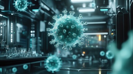 Holographic virus floating in a sterile lab, [advanced research, science fiction], a sleek vision of medical research technologies