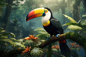 Naklejka premium A vibrant toucan perches on a branch amidst colorful flowers in the lush Amazon Rainforest during the early morning light