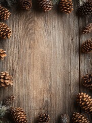 Fototapeta premium Rustic Wooden Background With Pine Cones Border
