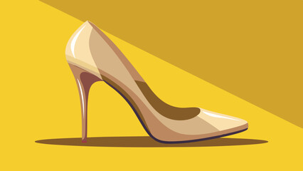 Elegant beige high heel shoe casting shadow on yellow background