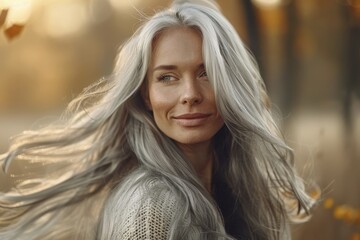 Naklejka premium Elegant woman with long gray hair in autumn breeze