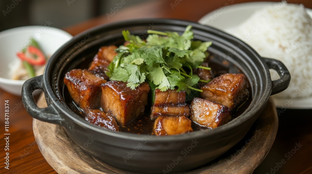 Aufkleber a cozy setting featuring a serving of pork belly with fish sauce, garnished with fresh herbs and acc
