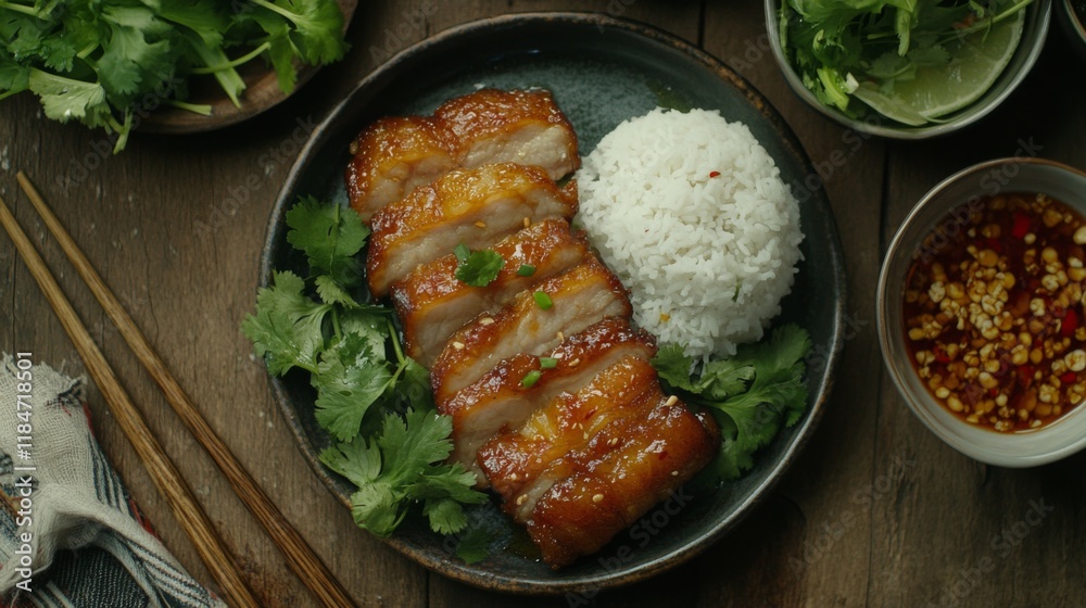 Poster a cozy setting featuring a serving of pork belly with fish sauce, garnished with fresh herbs and acc