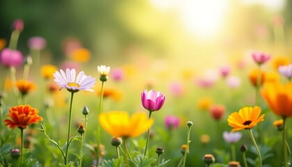 Obraz premium Colorful Flower Meadow, Spring Blooms, Soft Light, Floral Landscape