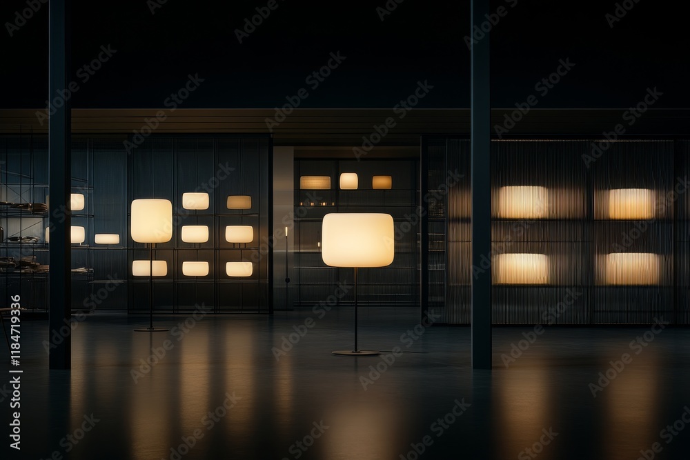 Poster softly glowing light bulbs illuminate the dark space with warmth. various hanging and floor lamps ar