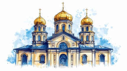 Fototapeta premium Traditional Orthodox church with intricate architecture and domes, creating a peaceful and inspiring visual, book illustration-inspired design