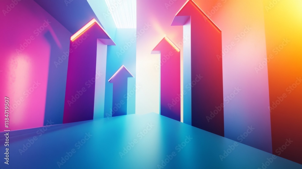 Poster a creative d bar graph design featuring bars shaped like arrows, pointing upward against a gradient 
