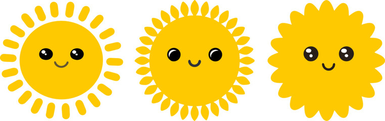 cute smiling sun icon, smiley emoticons, smile happy emoji vector art illustration isolated on transparent png background