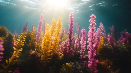 Fototapeta premium Underwater Golden And Pink Seaweed Garden