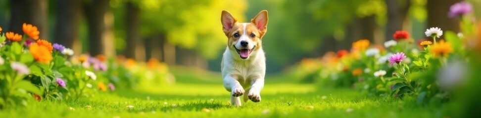 Happy dog running freely in a lush green garden with colorful flowers and trees, play, garden, dog