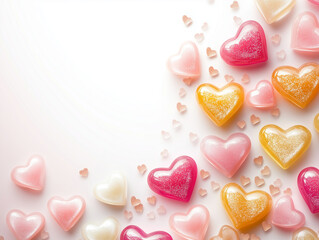 Obraz premium Minimalistic white background with heart-shaped lollipops. Space for the text. Valentine's day. AI generation.