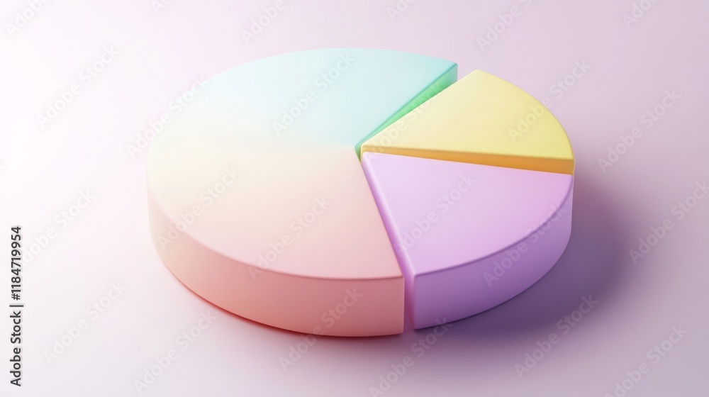Poster a creative d pie chart in pastel colors, each segment slightly tilted for emphasis, set against a so