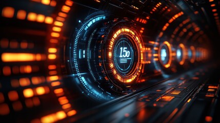 Futuristic HUD interface with glowing orange and blue digital displays.