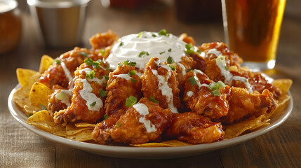 A plate of crispy fried chicken wings served with creamy nachos and a cold glass of beer